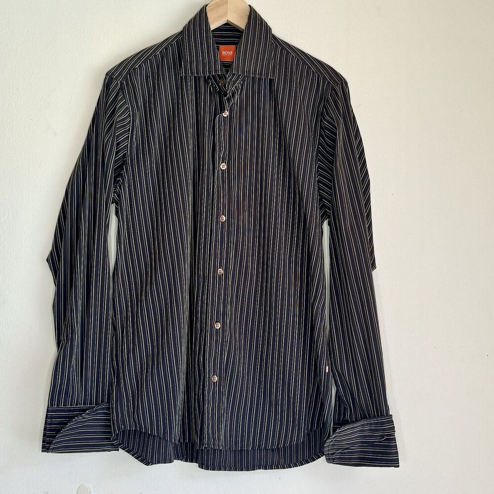 Boss Hugo Boss Dress Shirt Men’s Medium Pinstripe Brown Sharp Fit French Cuffs